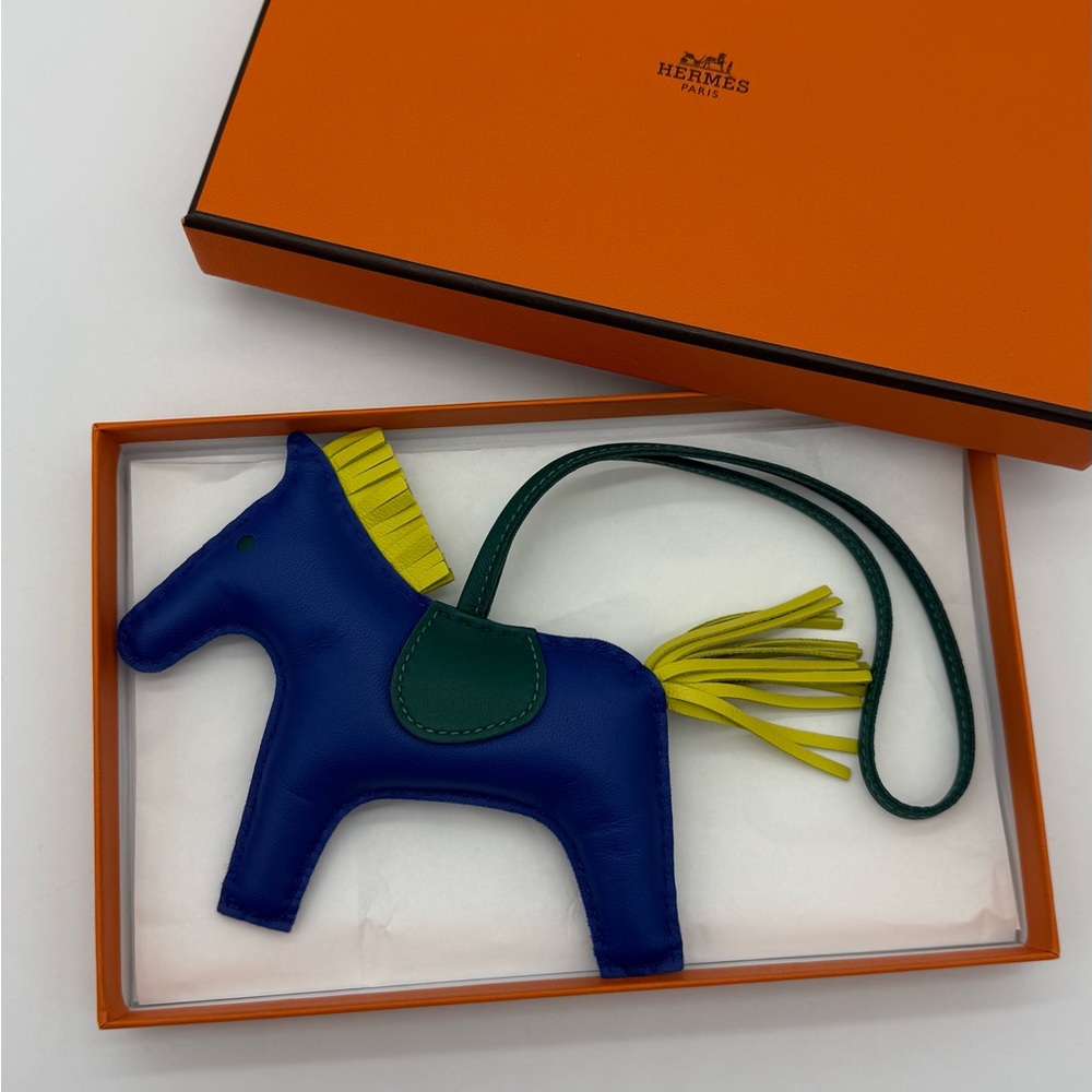 Authentic Hermes Rodeo MM Lambskin Horse Bag Charm-Blue Yellow Milo lambskin